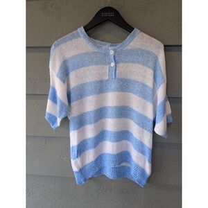 Vintage Parrinello Sweater Womens Large Blue White Striped Linen Henley 80s